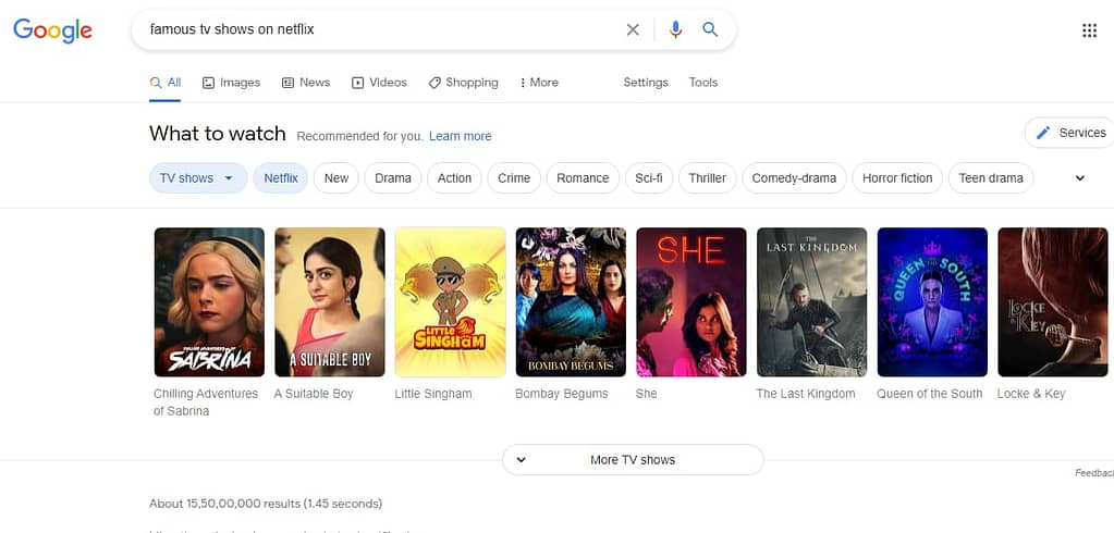 google serp results showing knowledge graph for the query "famous tv shows on netflix"