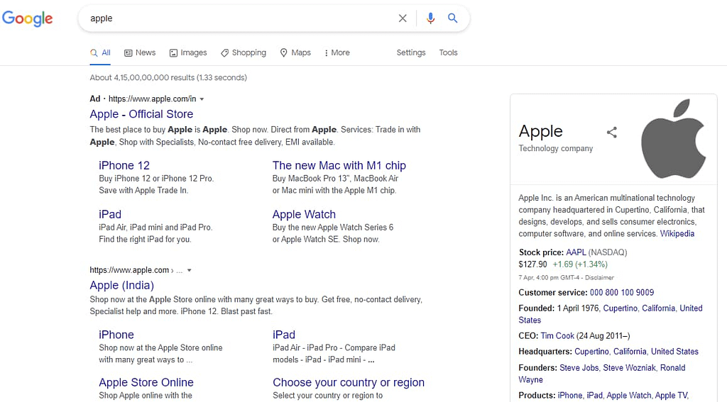 Google search results showing knowledge graph for the query "apple"
