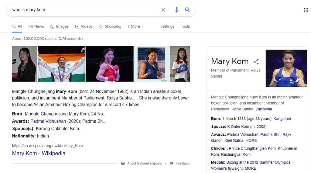 google serp results showing knowledge graph for the query "who is Mary Kom"