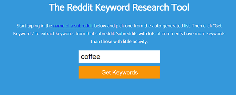 keyworddit free seo tool extracting reddit keywords for the word "coffee"
