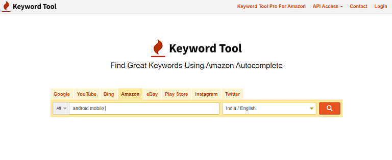 keywordtool.io showing amazon keyword suggestion for the query "best android phone"