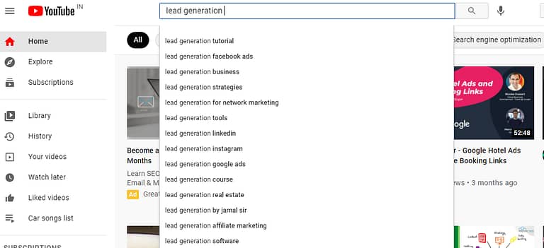 YouTube suggestion for the keyword "lead generation"