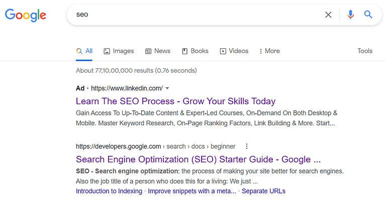 paid ad and organic result on the keyword SEO