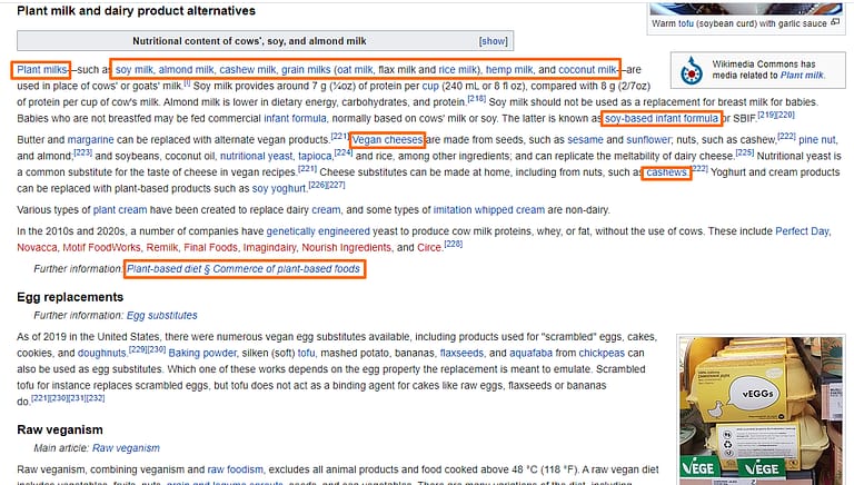 wikipedia results highlighted for the query related to vegan diet alternatives