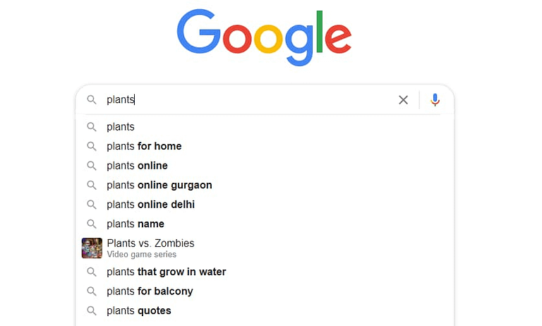 Google suggest for the keyword "plants"