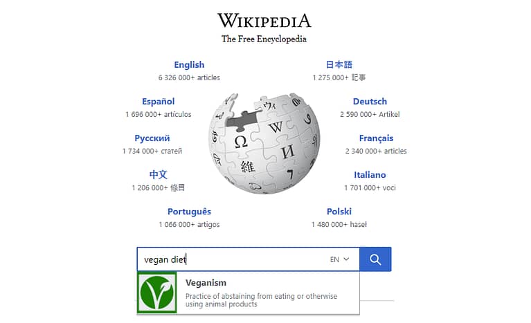 Wikipedia search for the keyword "vegan diet"