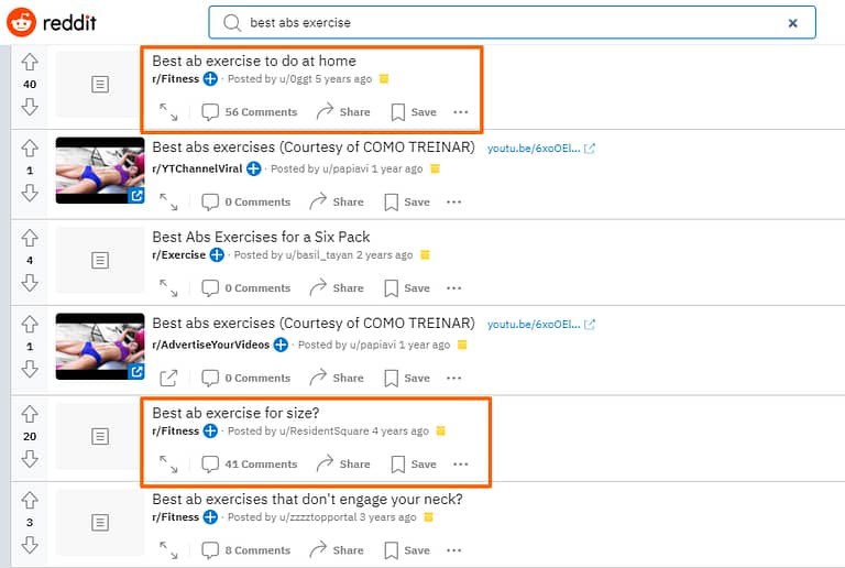 Reddit showing subreddit for the query "best abs exercise"