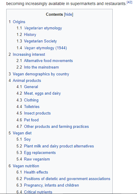 Wikipedia Table of Content for the topic "vegan diet"