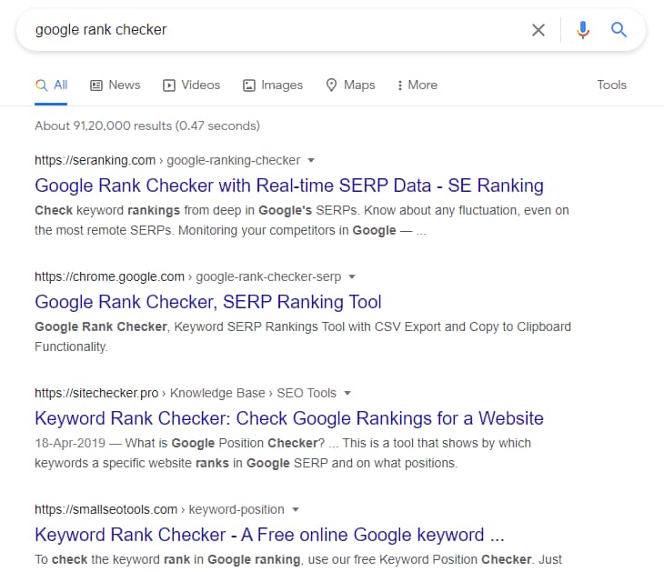 Google serp results for the query "google rank checker"