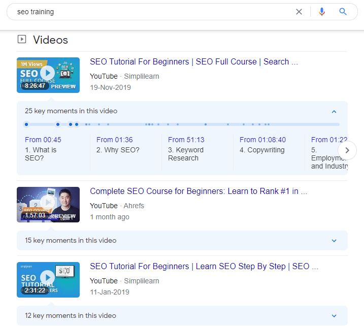 Google SERP displays video results for the keyword "seo training"