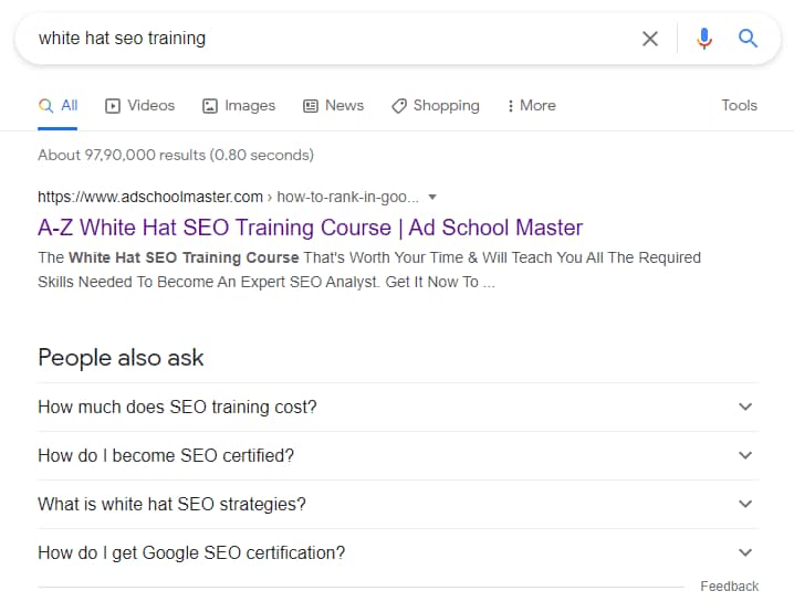 Google SERP results for the query "white hat seo training"