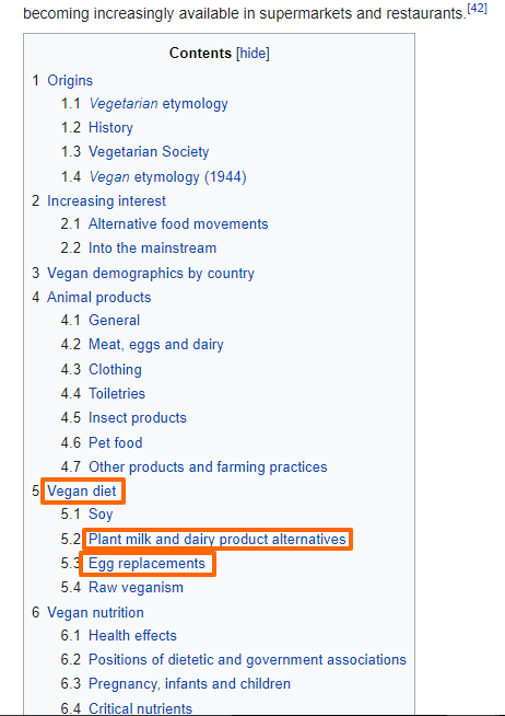 Wikipedia Contents Section with highlighted subtopics