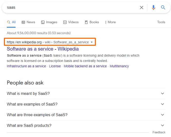 Google serp is showing results for the keyword "saas"