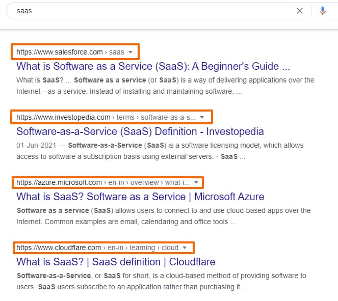 Google results for the query "saas"
