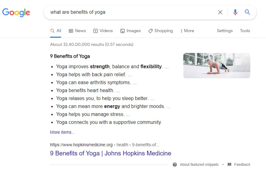 Google serp showing a bulleted snippet result for the query "what are yoga benefits"