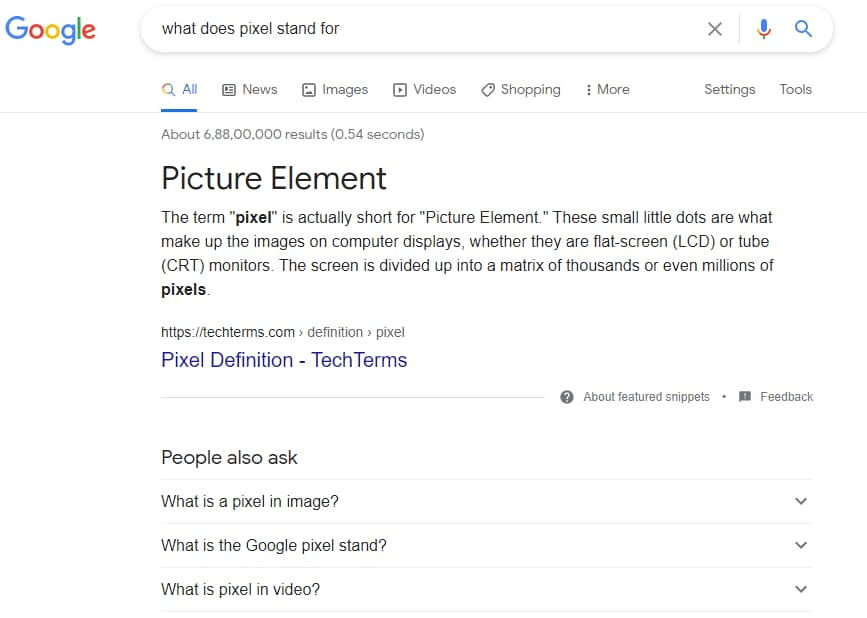 Google serp result of definition for the query "what does pixel stand for"
