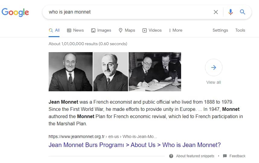 Google serp showing a paragraph snippet result for the query 'who is jean monnet'