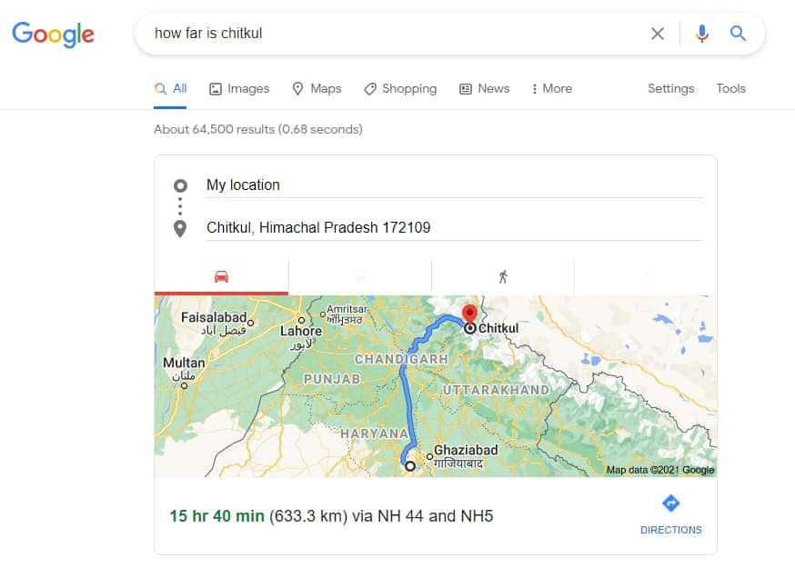 Google serp showing results for the query "how far is chitkul"