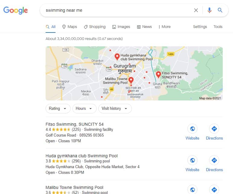 Google showing results for the query "swimming near me"