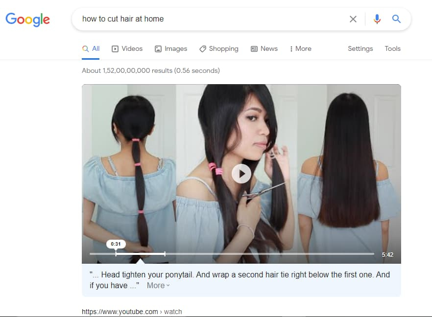 Google serp showing a video snippet result for the query "hot to cut hair at home"