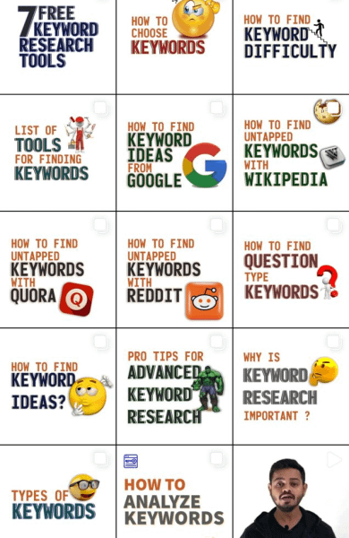 series of posts on keywords on instagram page